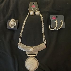 Paparazzi 4pc Silver & White Sandstone Necklace, Earrings, & Ring NWT